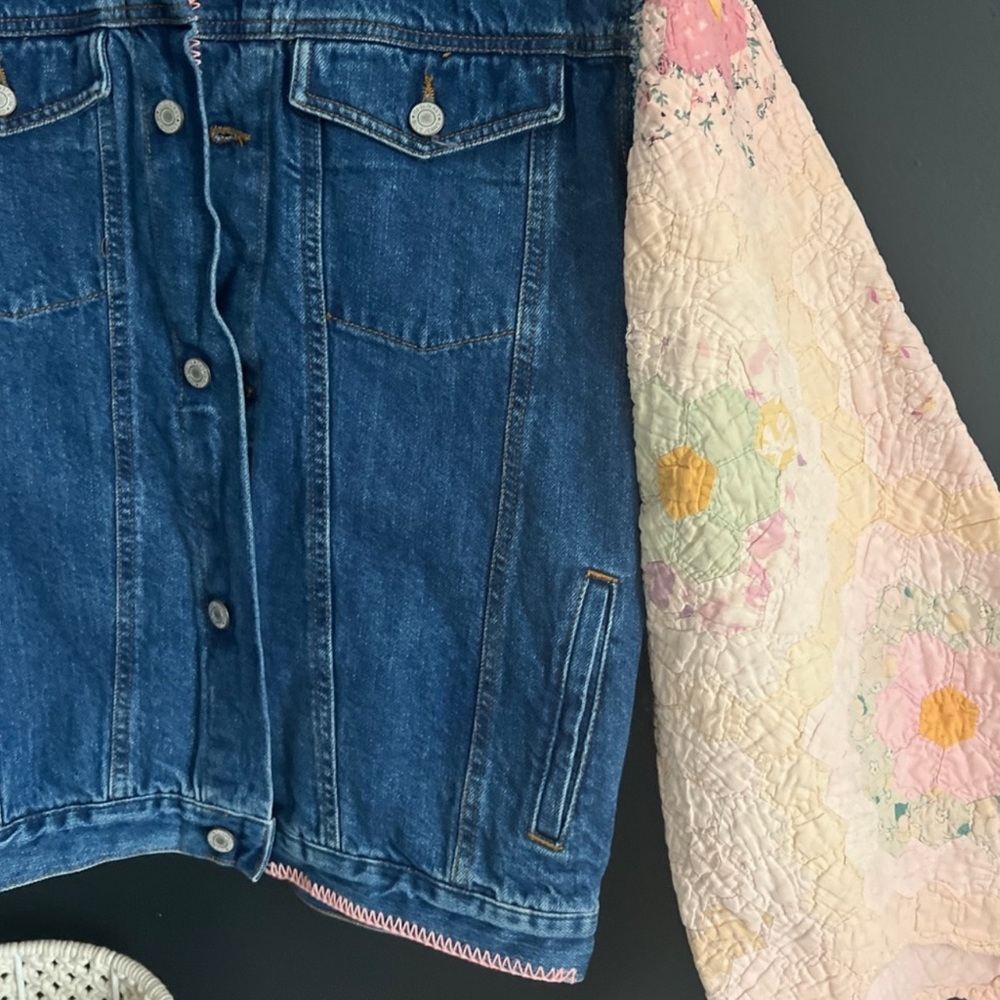 Nwt Free people x Tricia Fix Blue Denim patch work bell sleeve Jacket nwt - Picture 6 of 9